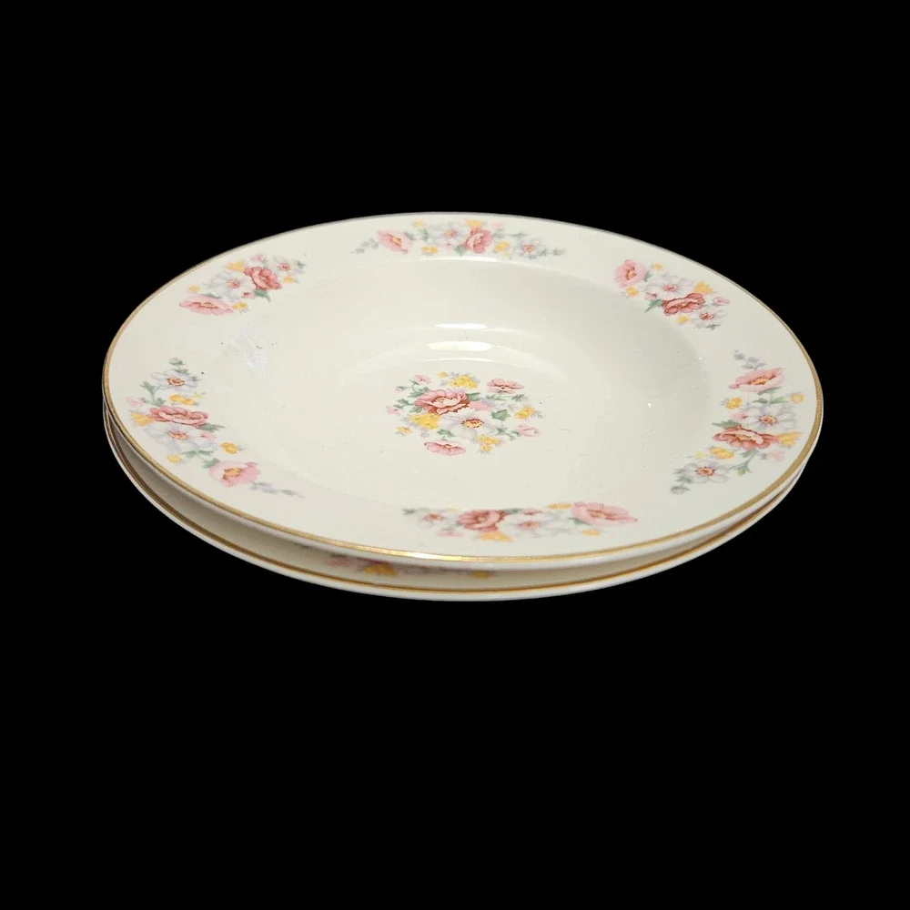 Homer Laughlin Floral Rim Soup Bowls Set of 2 Gold Trim Vintage USA